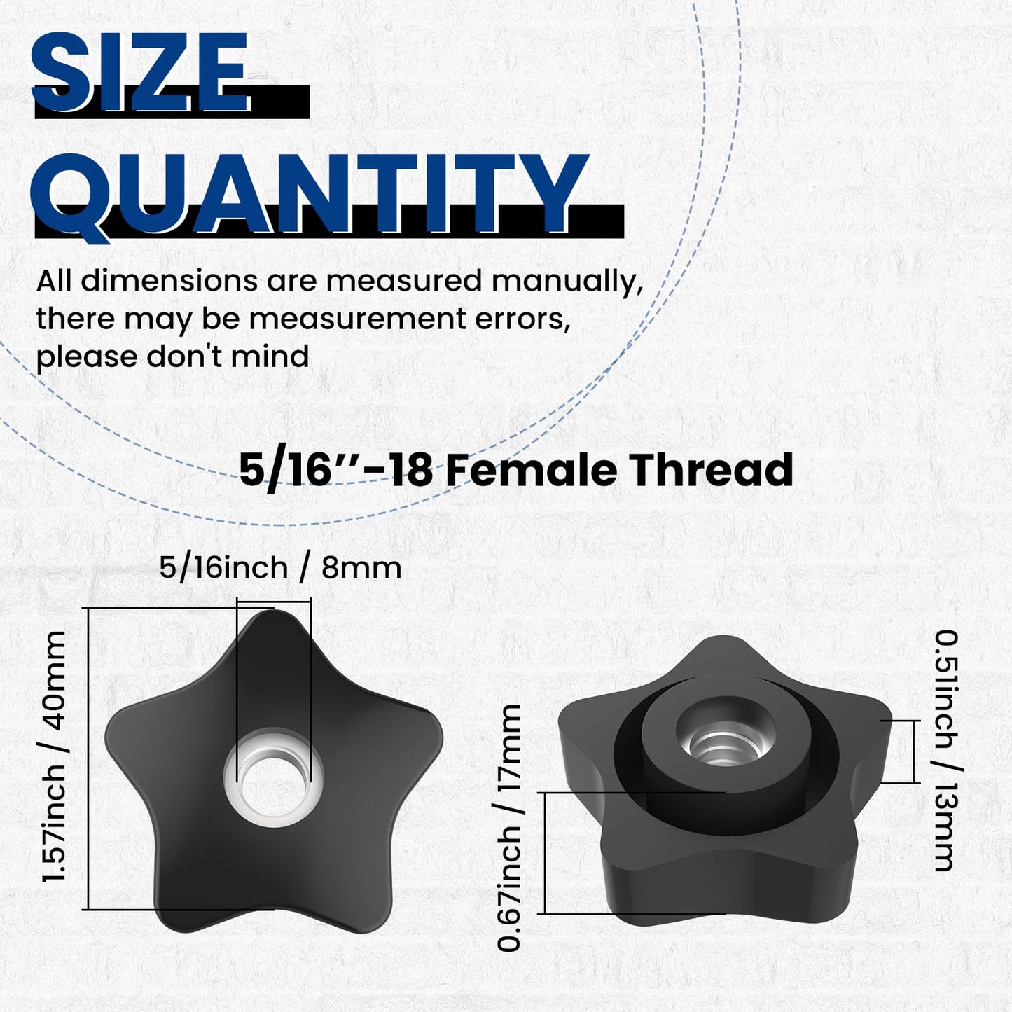 ZIUZI 5/16-18 Thread Knob Nut, 6 Pack 5/16 Star Shape Hand Tighten Clamping Knobs Black Screw-On Nuts