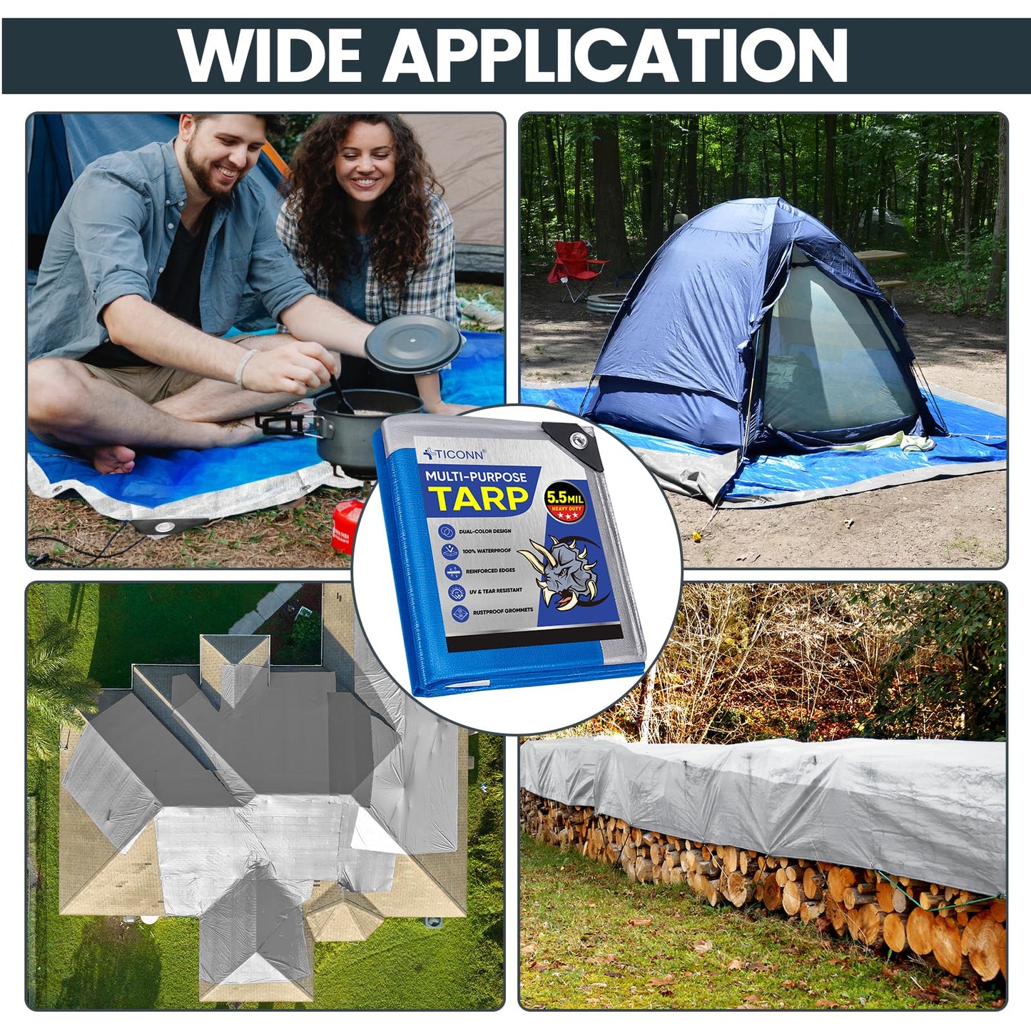 TICONN Heavy Duty Tarp Cover, Extra Thick Tarps Waterproof Tear and Rip Proof UV Resistant Tarpaulin with Reinforced Grommets and Edges (5.5 Mil, 6'x8')