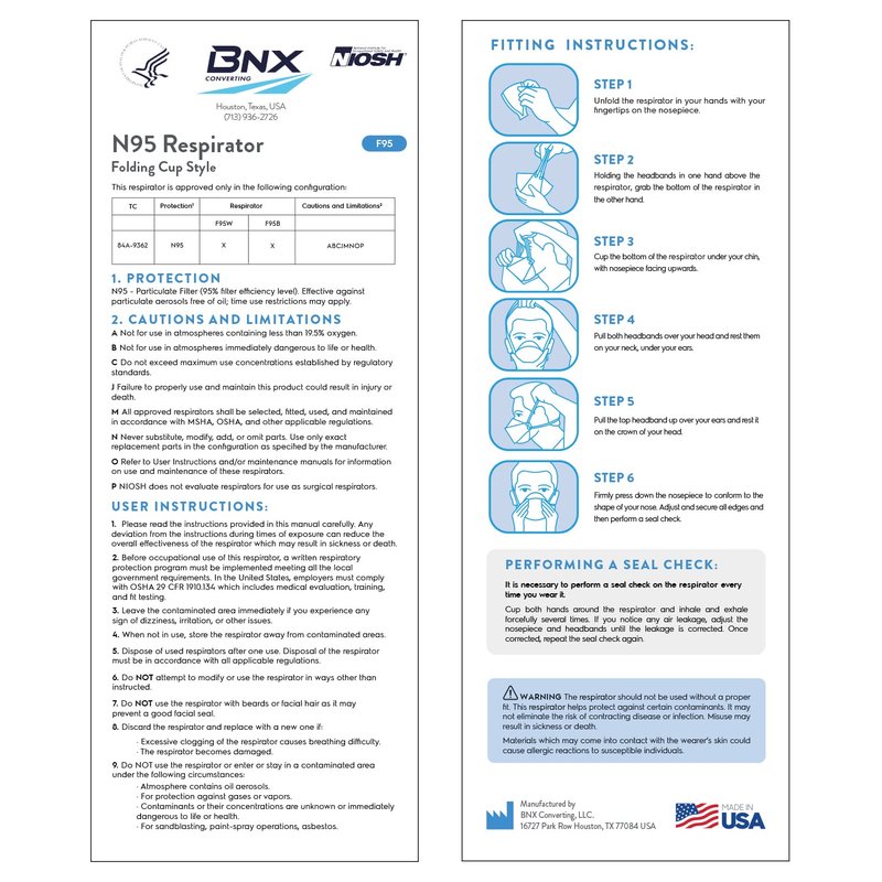 BNX N95 Mask Black NIOSH Certified MADE IN USA Particulate Respirator Protective Face Mask, Tri-Fold Cup/Fish Style, (10-Pack, Approval Number TC-84A-9362 / Model F95B) (Headband) Black