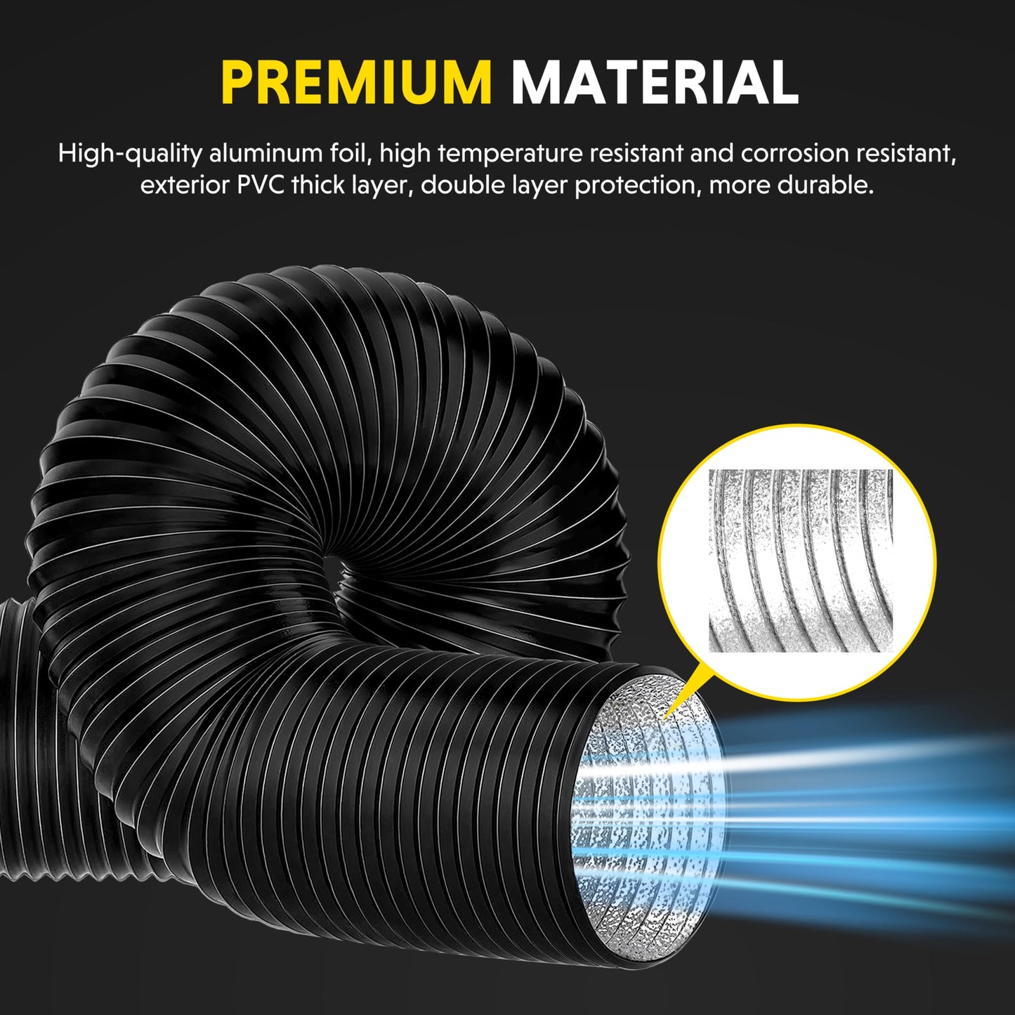 Flexible 4-Inch Aluminum Ducting, Dryer Vent Hose, Heavy-Duty Three-Layer Protection, 16-Feet Long for Heating Cooling Ventilation and Exhaust, Black