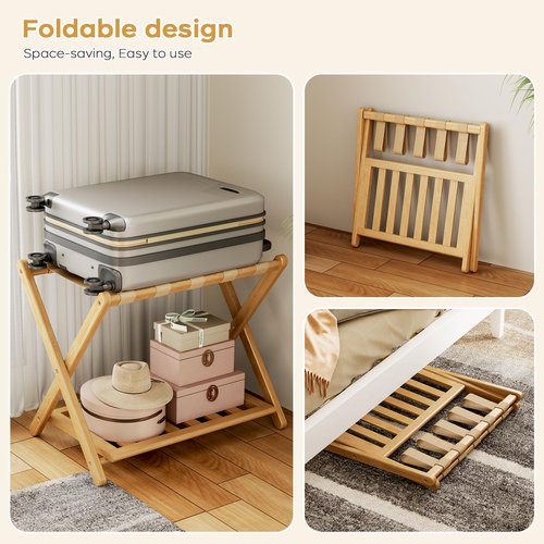 Oakvora Full Assembled Luggage Rack for Guest Room, Set of 2 Foldable Suitcase Stand with 5 Nylon Straps, Luggage Holder with Shoe Shelf for Suitcases Hotel (Natural Wood Bamboo Luggage Stands)
