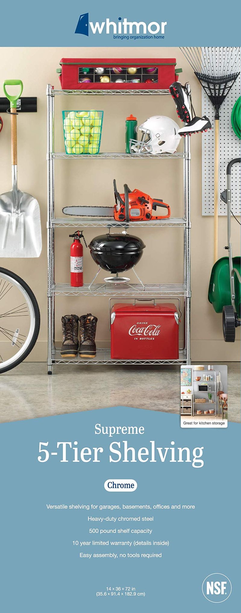 Whitmor 5 Tier Shelving Unit, Metal Storage Shelves, 400 lbs Capacity per Shelf, 2000 lbs Total, Adjustable Heavy Duty Shelf, Easy Assembly for Kitchen, Garage, Plant, 36"L x 14"W x 72"H, Chrome