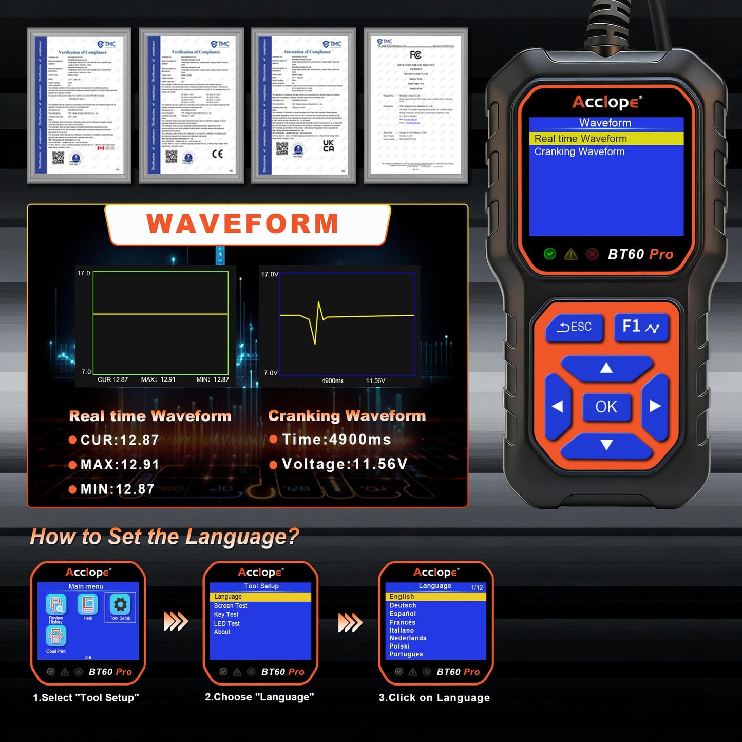 Acclope BT60 PRO Car Battery Tester 6V/12V/24V, 2-120Ah, 100-3000 CCA, Alternator & Starter/Charging System Analyzer, Automotive Load Test, QR Cloud Report (No App), for Car Truck Motorcycle Marine/RV