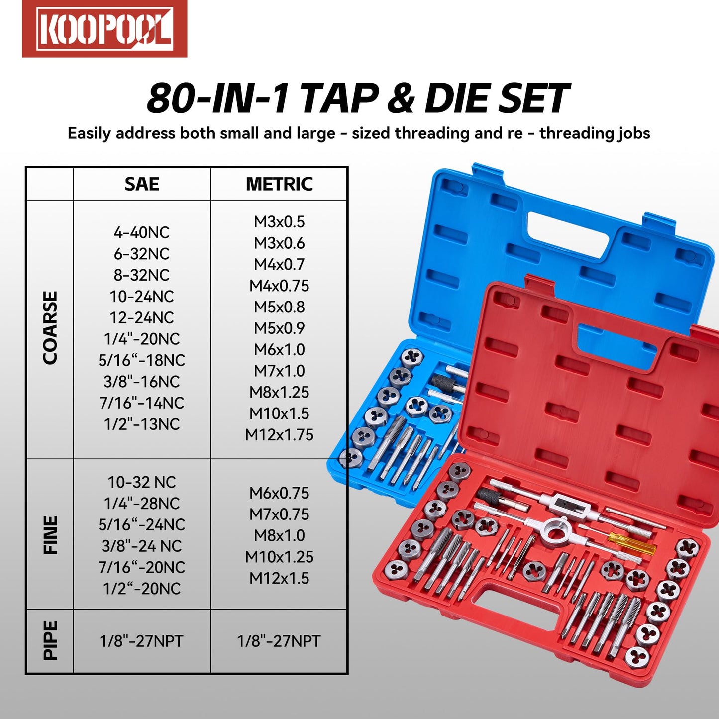 80pcs Tap and Die Set, Metric and Standard Threading Tool Kit for Cutting and Repairing Internal & External Threads, NC/NF/NPT Compatible