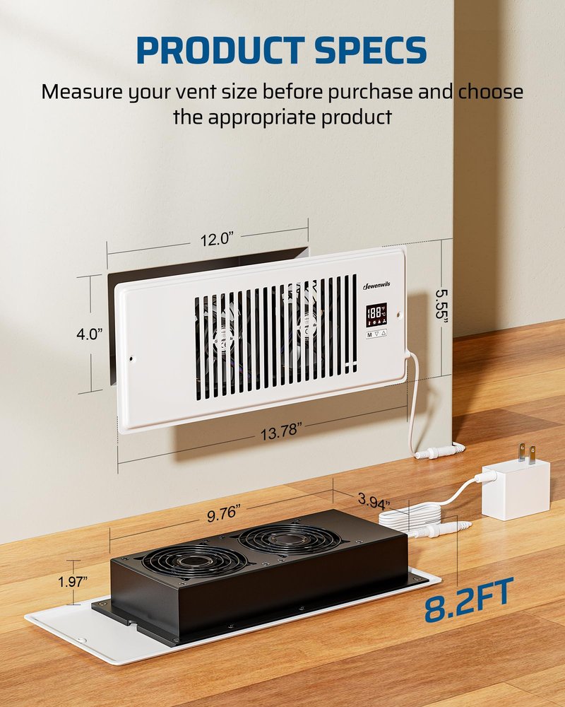 DEWENWILS 4'' x 12'' Quiet Register Booster Fan with Remote Control & Smart Intelligent Thermostat, 5-Speed Vent Fan Booster, Enhances AC Heating & Cooling Airflow for Floor, Wall, White