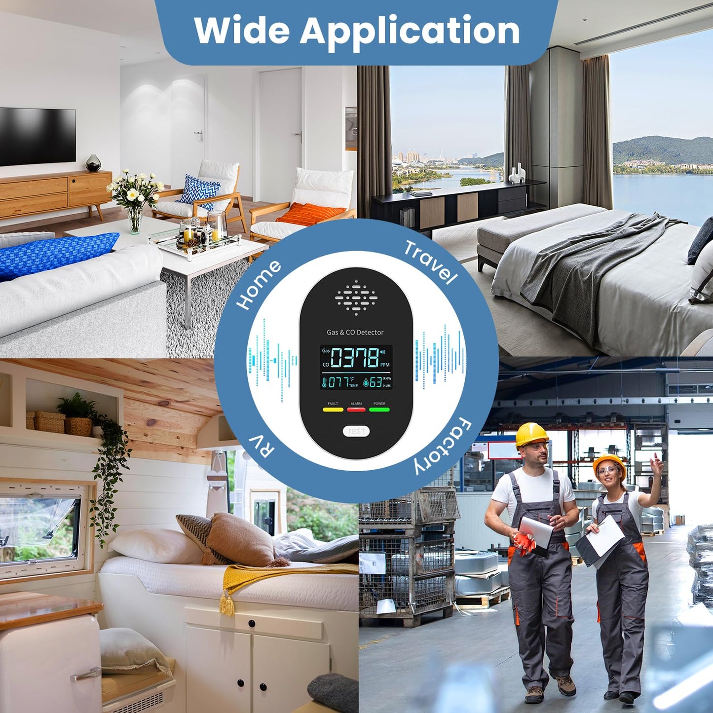 Carbon Monoxide Detectors,Plug in CO and Natural Gas Detector, Combination Gas & Carbon Monoxide Detectors for Travel with Temperature Humidity Display, 4 in 1 CO & Gas Detector for Home/Travel-Black