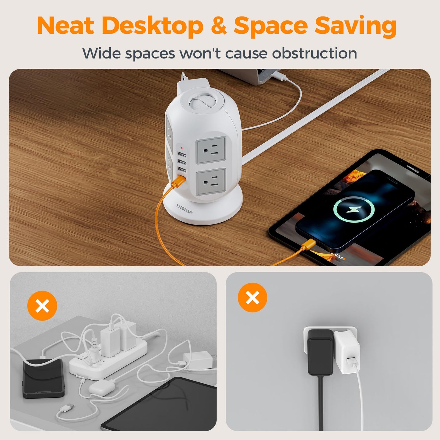 TESSAN Tower Power Strip 10 ft, Long Flat Extension Cord with Multiple Outlets, 8 AC Outlets with 4 USB Ports (1 USB C), Charging Station with, for Home Office Dorm
