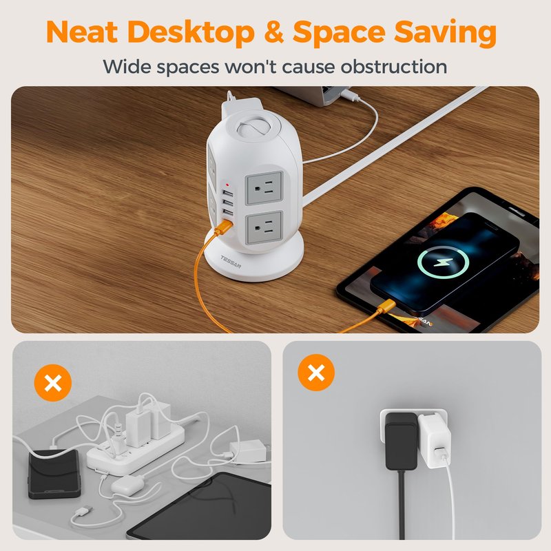 TESSAN Tower Power Strip 10 ft, Long Flat Extension Cord with Multiple Outlets, 8 AC Outlets with 4 USB Ports (1 USB C), Charging Station with, for Home Office Dorm