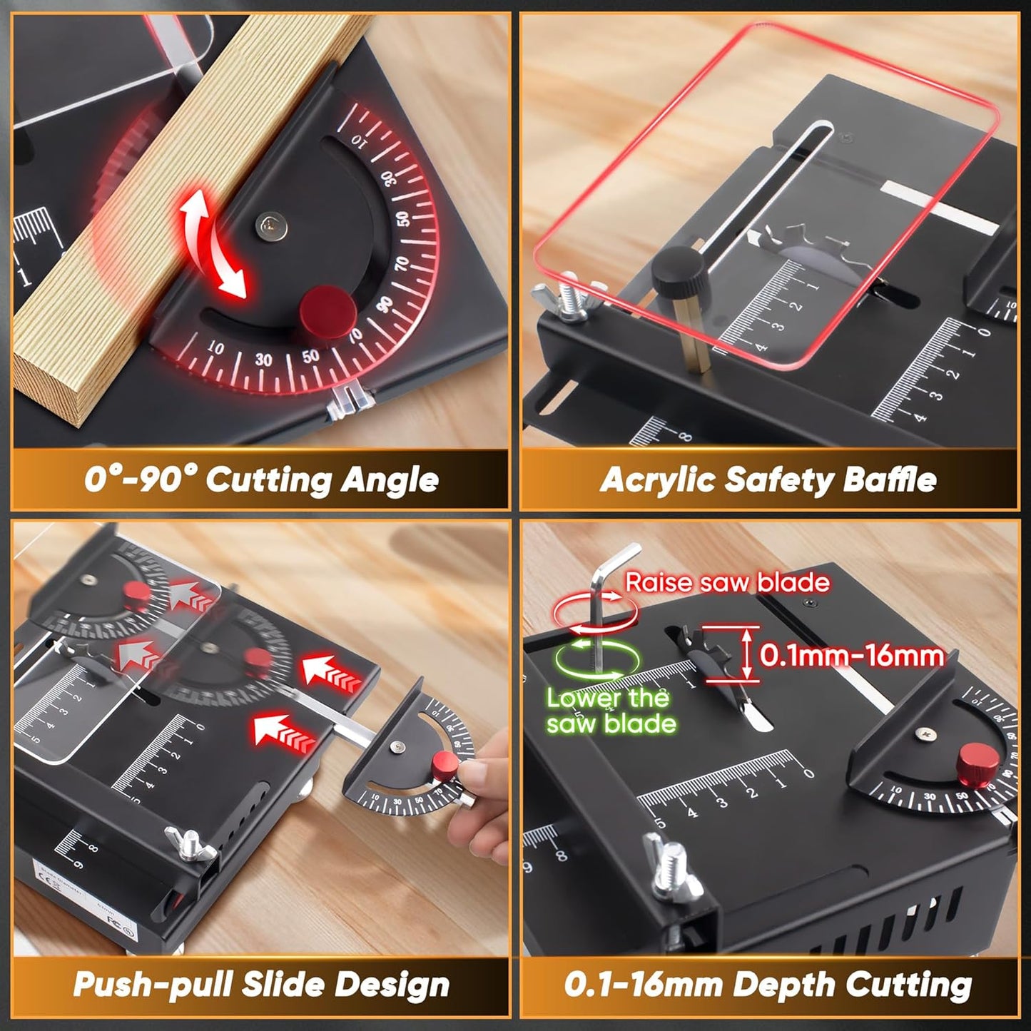 Mini Table Saw, Mini Multi-Functional Table Saw for Crafts, Speed & Angle Adjustable, Cutting | Sanding | Engraving | Drilling All-in-One Machine, for Wood/PCB/Acrylic/Plastic (Liftable & Dark Gray)