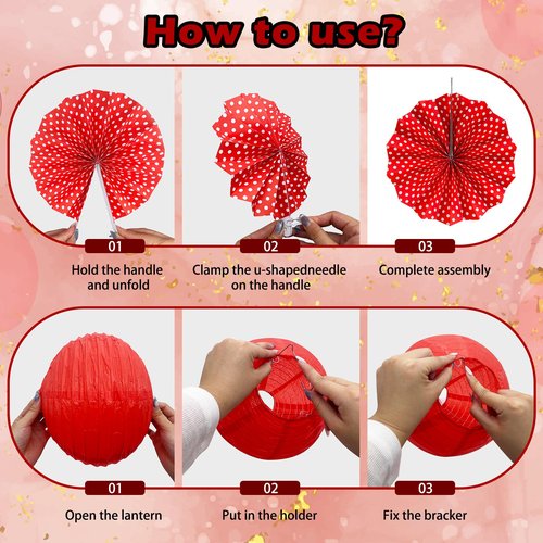 Peywot 15Pcs Red Party Decorations Supplies Set, Hanging Red Paper Lanterns Paper Fans for Home Decor Birthday Wedding Graduation Picnic BBQ Baby Shower Pizza Party