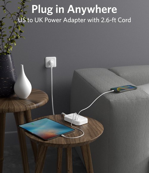 BESTEK US to UK Travel Plug Adapter: Type G Adapter with 3 AC Outlets and 4 USB (1 PD20W) - Power Strip for USA, UK, Ireland, Scotland, Hong Kong, British, London - 2.6ft