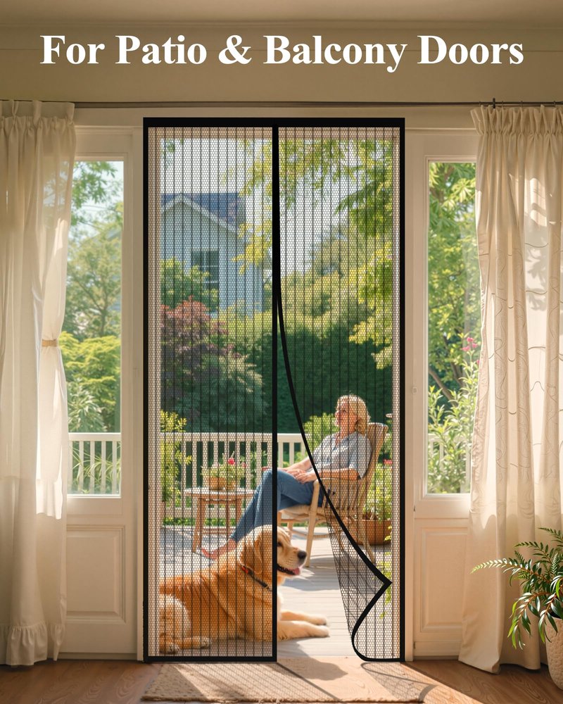 Kitsure Magnetic Screen Door - 38.0'' x 82.0'' Retractable Screen Door Mesh for Entry Door or Sliding Door, Pet & Kid Friendly, Hands-Free Closure Keeps Bugs Out & Lets Breeze in, Stripe Black
