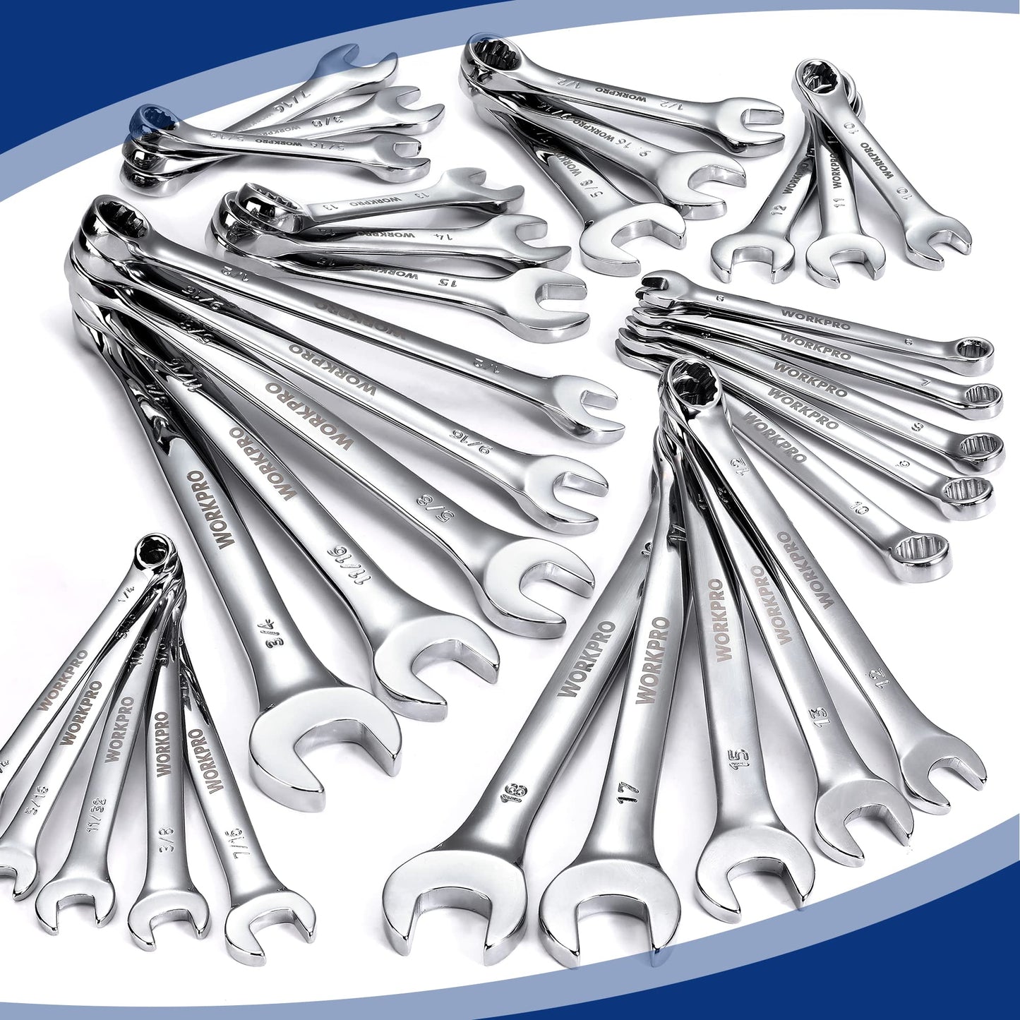 WORKPRO 32-Piece SAE & Metric Combination Wrenches Set, 20-Piece Standard wrenches and 12-Piece Stubby Wrenches with Organizer Tray, Cr-V Steel Mirror Chrome Polished