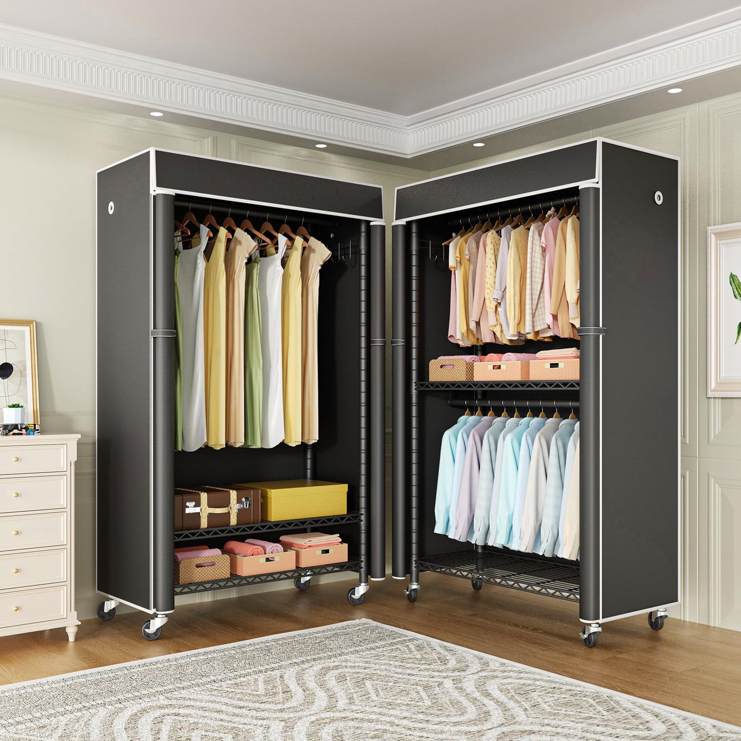 FUTASSI Clothing Rack with Cover, P1C Rolling Closets with Wheels, Metal Garment Rack for Hanging Clothes, Clothing Storage Wardrobe with Cover, 36.2" W x 16.5" D x 80.5" H, Black, Load 450 Pounds