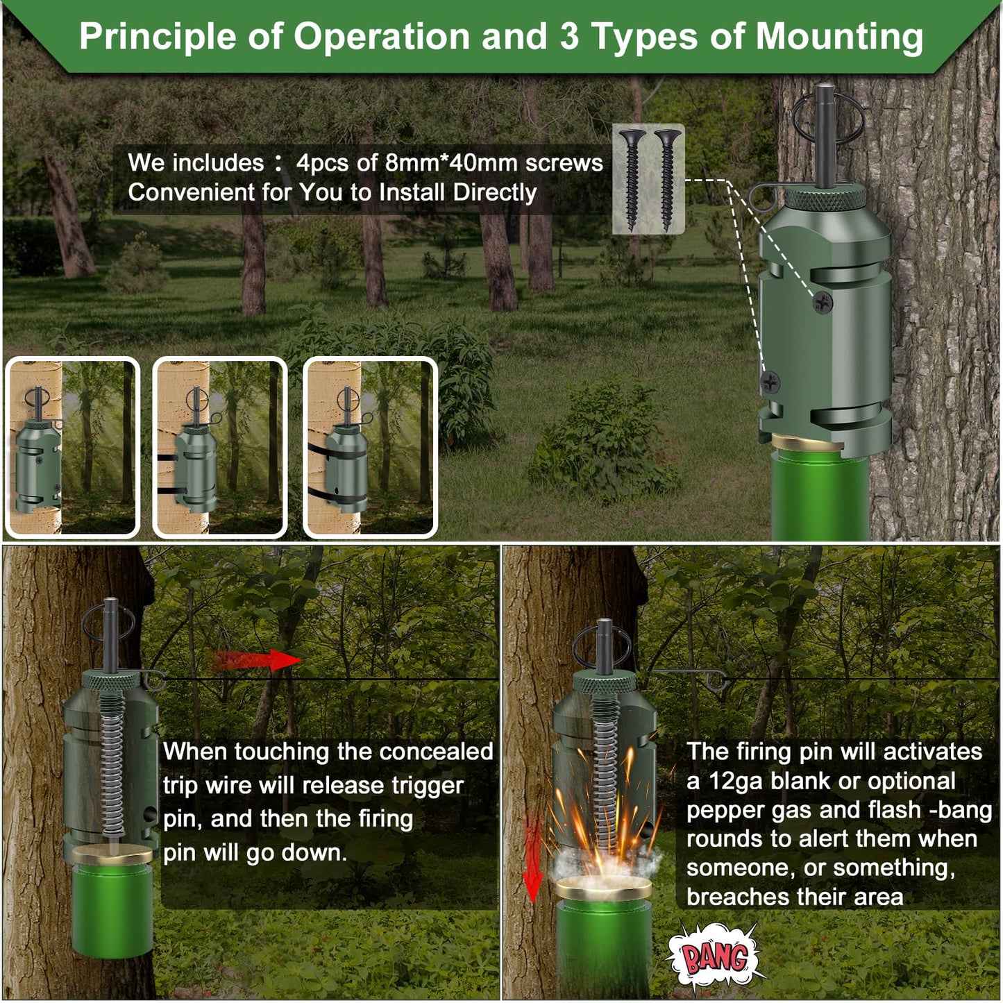 Perimeter Trip Alarm,12 Gauge Camping Trip Wire Alarm Device with 4pcs Screws,Early Warning Security System for Outdoor and Property Safety/Bear Deterrent -Dark Green (Adapter Not Included