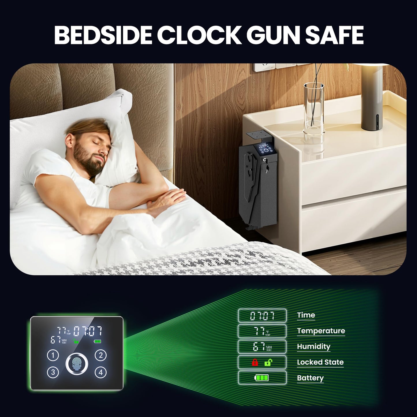 KornerBatl Quick Access Biometric Bedside Gun Safe for handgun, 2 in 1 Mounted Drop Down Nightstand Pistol Safe with Fingerprint & Passcode & Key 3 Ways
