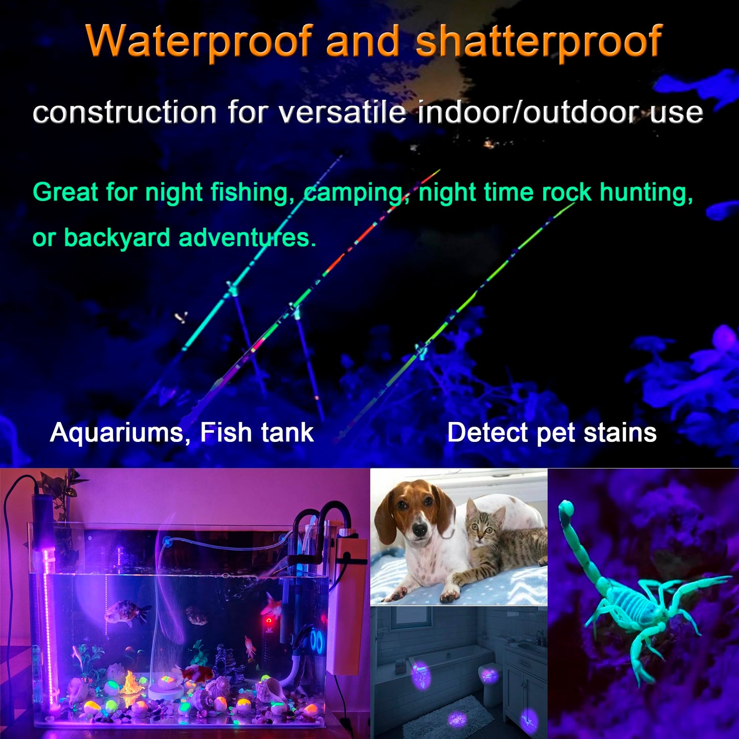 TITO Rechargeable Black Light Bar, UVA 395nm Waterproof Cordless Portable Battery Powered Blacklight Bar, Glow in Dark Halloween Party Fluorescent Posters Decor Display Night Fishing Aquarium, 2 Pack