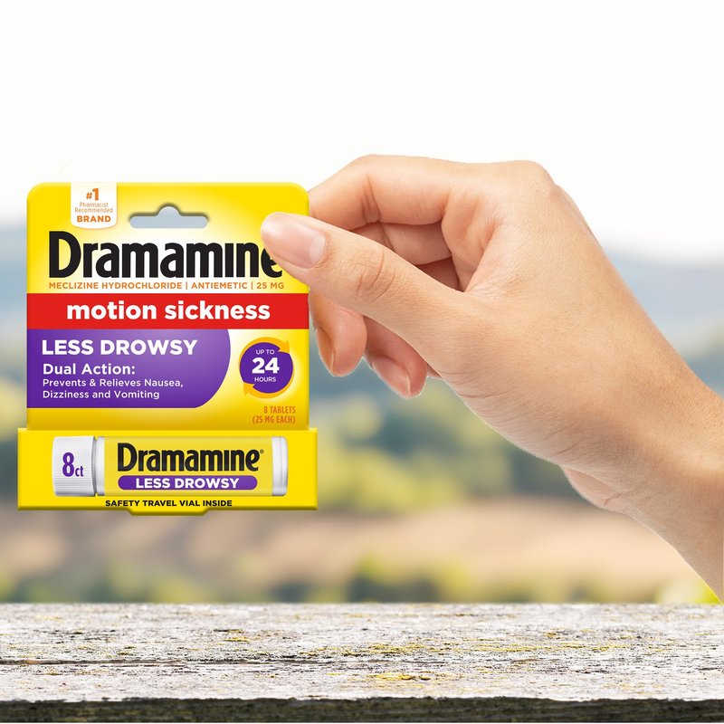 Dramamine Motion Sickness Less Drowsy, Travel Vial, Multicolor, 8 Count