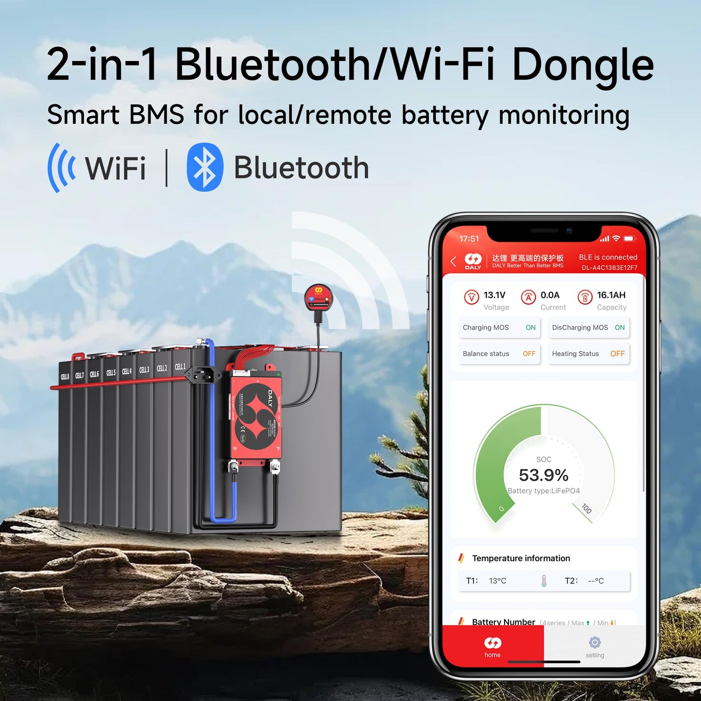 DALY BMS 48V 16S 200A Display - Smart BMS with 4.3 Inch LCD Touch Screen WiFi Bluetooth Module Supports RS485 CAN for 48V LiFePO4 Golf Carts Electric Outboard Motors Solar Energy Power Systems