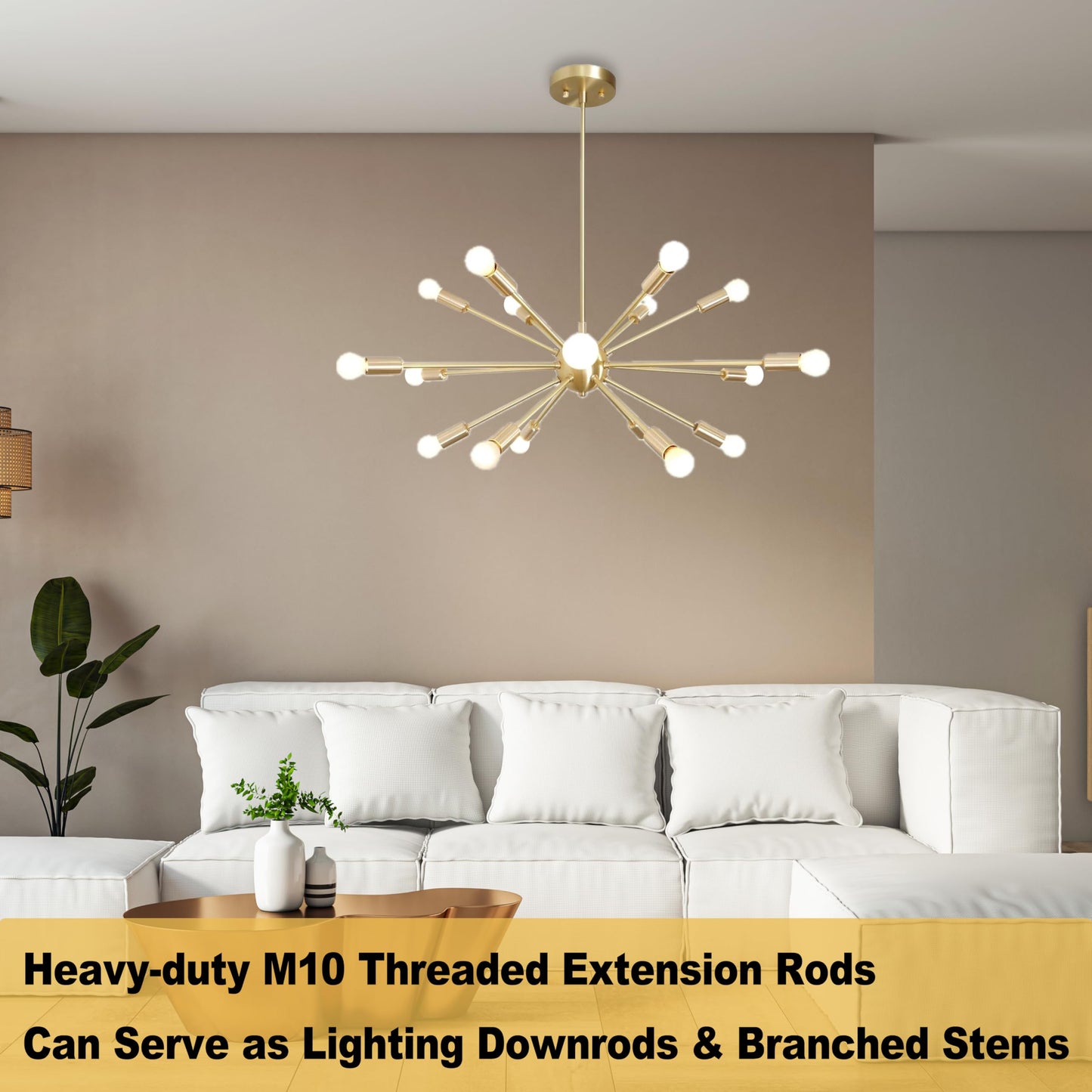 8 Pieces M10 Threaded Extension Poles Lighting Fixture Downrods Stems & 180 Degrees Sloped Ceiling Adapter Kits for Pendant Light, Island Lighting, Chandeliers (Brass)