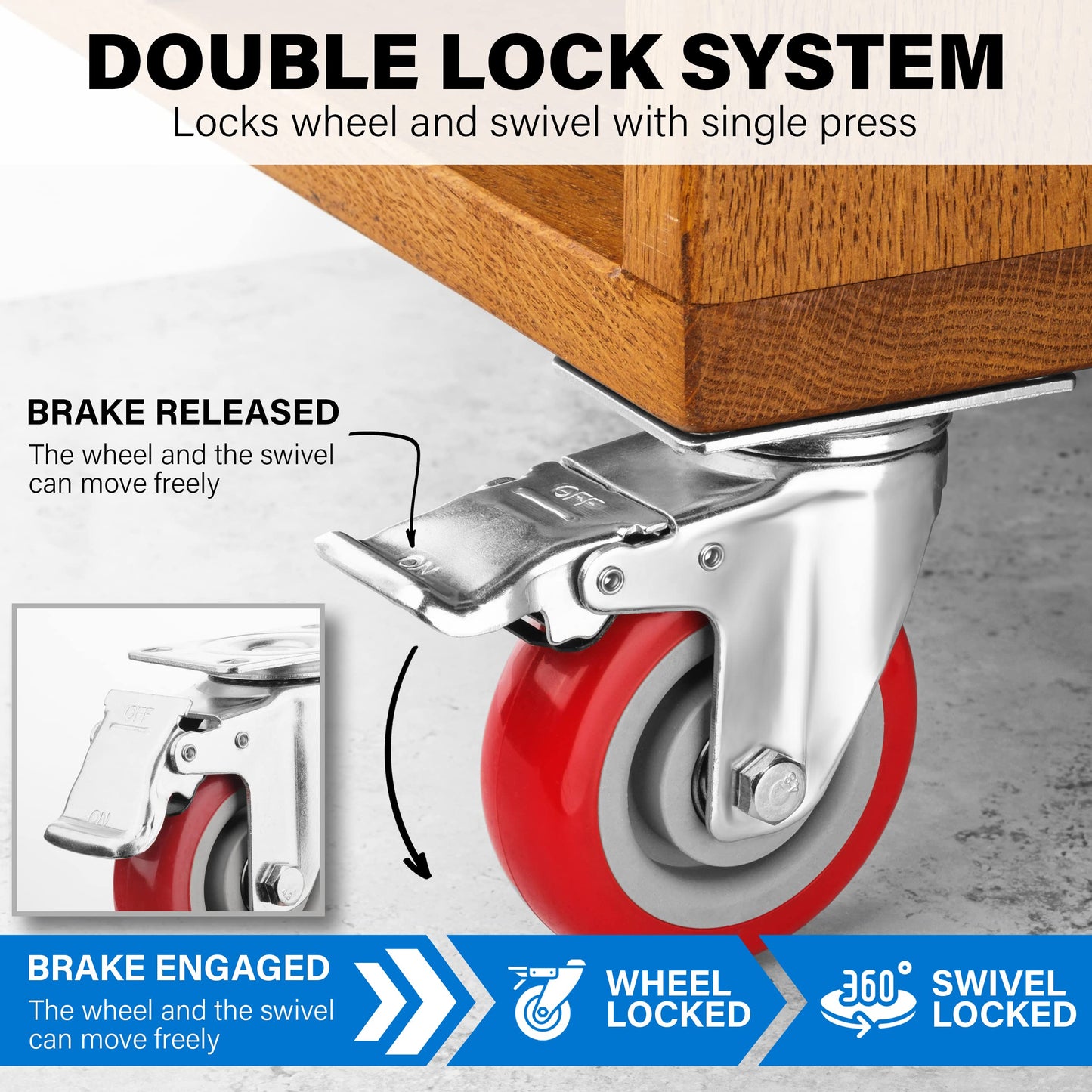 Castrek 4 Inch Caster Wheels Heavy Duty Casters Set of 4 (2200lbs Load Capacity) Lockable Cart Wheels with Brakes, 360 Degree Rotatable - Ideal Caster for Cart, Furniture and Workbench (4 x Brakes)