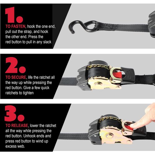 Erickson 34415 Pro Series Black Retractable Ratcheting Tie-Down Strap (Pack of 2, 1" x 10')