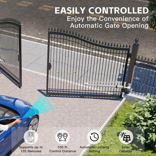 X X-HOUSE C05 Automatic Gate Opener with Solar Panel & Batteries for Light to Medium Duty Dual Swing Gates Up to 770lb 14ft per Arm Electric Gate Opener with 2 Remotes Complete Kit Solar Powered