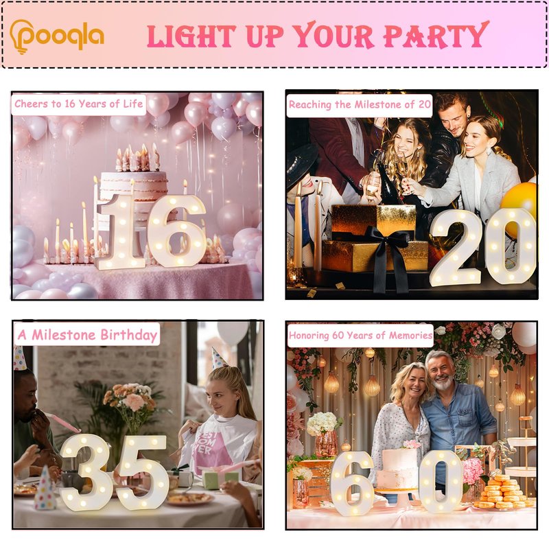 Pooqla Decorative Led Light Up Number Letters, White Plastic Marquee Number Lights Sign for 60th Birthday Party Wedding Decor Battery Operated Number (60)
