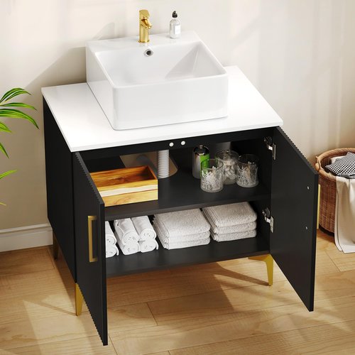 YITAHOME 30 Inch Bathroom Vanity with Vacuum Forming, Freestanding Storage Cabinet Vanity with Engineered White Stone Countertop, 2 Large Soft Closing Doors with Shelf, Gold Handles & Legs, Black