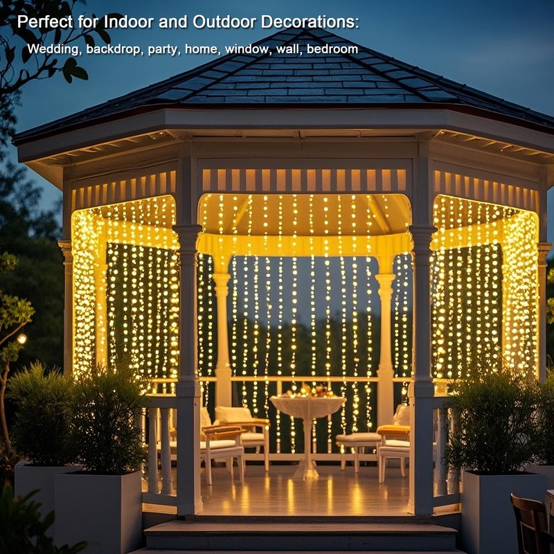 Vigdur Led Curtain String Lights, 8FT Window Fairy Lights for Bedroom with 210 Warm LEDs, Hanging Twinkle Indoor String Light for Party Wedding Garden Wall Decor(8 * 7ft)