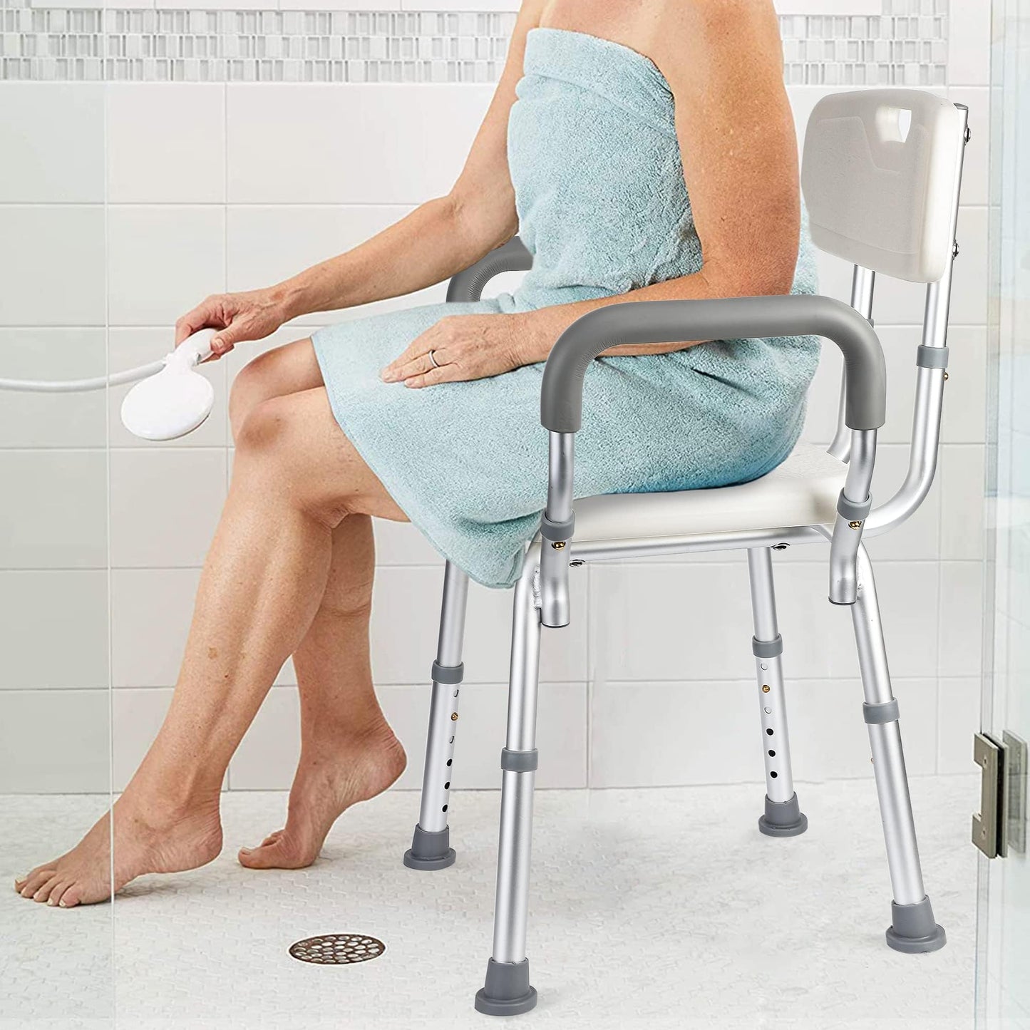 Shower Chair for Inside Shower, Adjustable Height Bath Stool with Nonslip Feet, Tub Chair with Padded Armrests & Back for Elderly and Disabled, 350 Lb Capacity, White