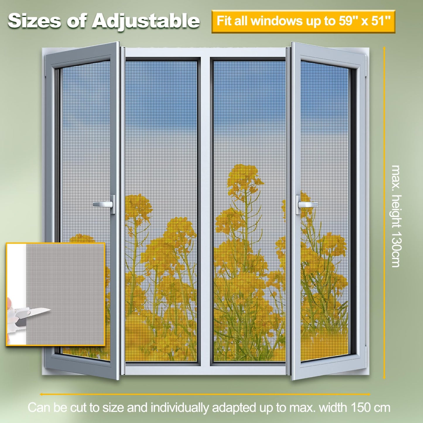 Magnetic Window Screen, Adjustable DIY Window Net Max 59” x 51” with Innovative Magnetic Fastener, Fiberglass Fine Mesh, Window Mesh with 12 Magnets, Mosquito Window Screens for House Windows