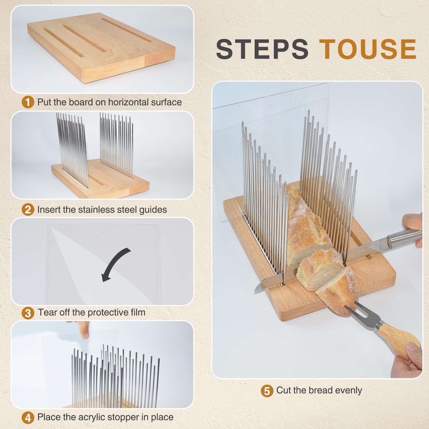 Bread Slicer for Homemade Bread - Bamboo Bread Slicer with Bread Knife, Foldable Cutting Guide, Crumb Tray, Bagels - Bread Cutter Ideal for Loaf Size: 5.5” x 5”