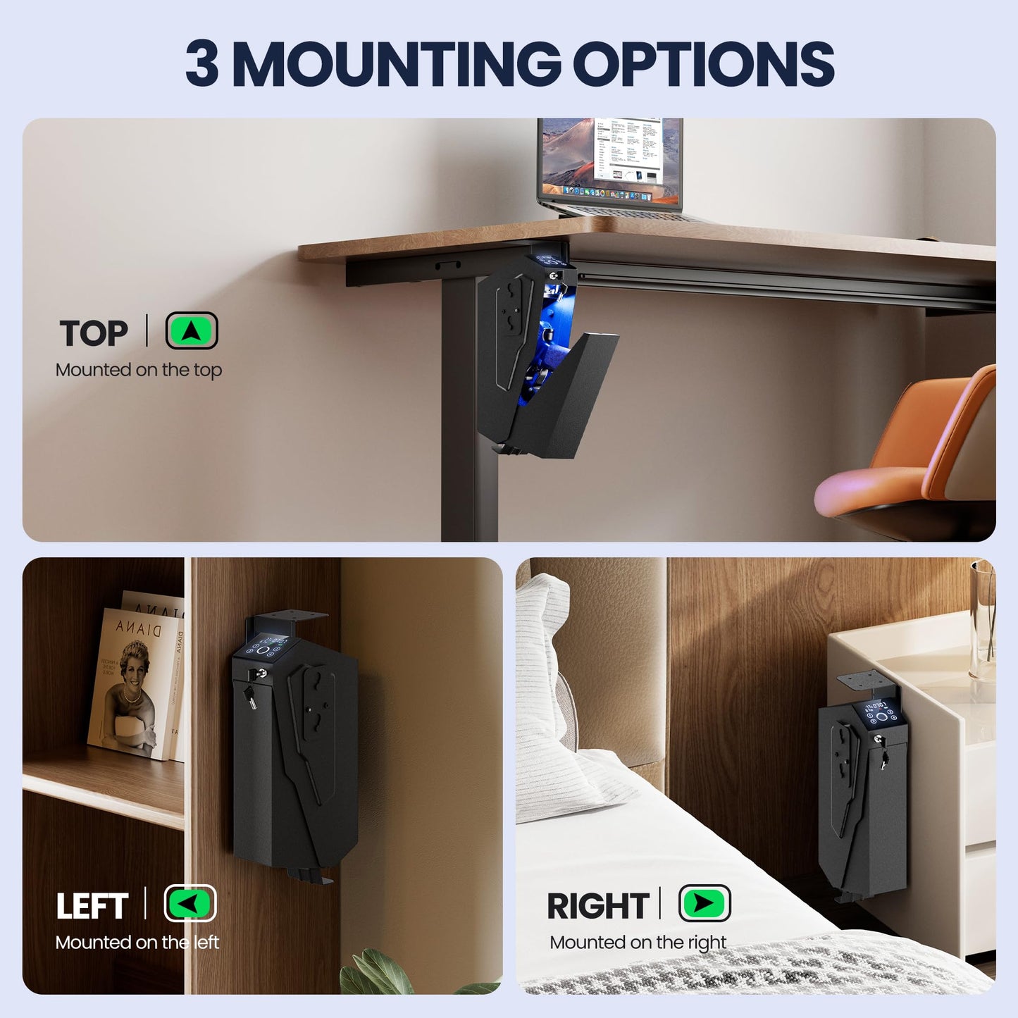 KornerBatl Quick Access Biometric Bedside Gun Safe for handgun, 2 in 1 Mounted Drop Down Nightstand Pistol Safe with Fingerprint & Passcode & Key 3 Ways