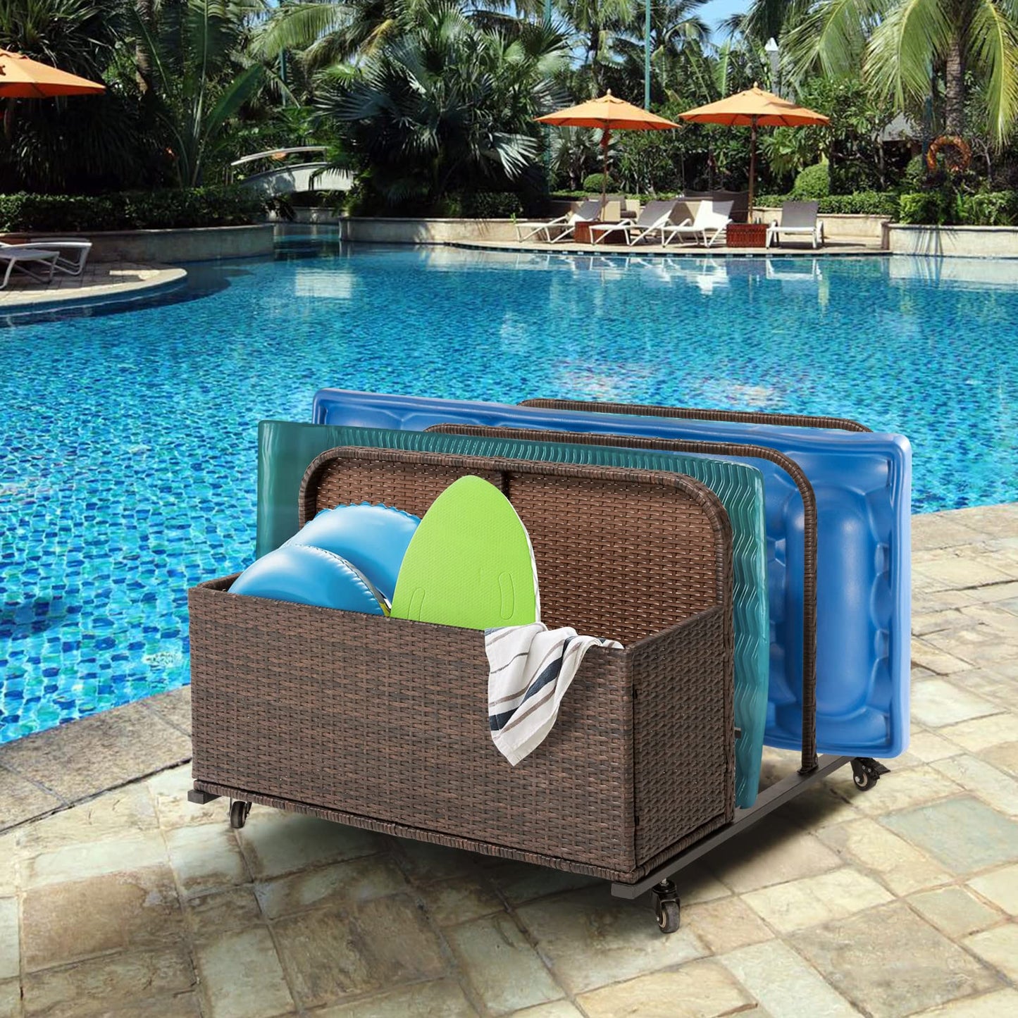 LUCKWIND Poolside Float Storage Organizer, Outdoor Rattan Pool Caddy with Wheels & Basket Holder for Patio, Pool, Garden Sturdy & Movable (Dark Brown)