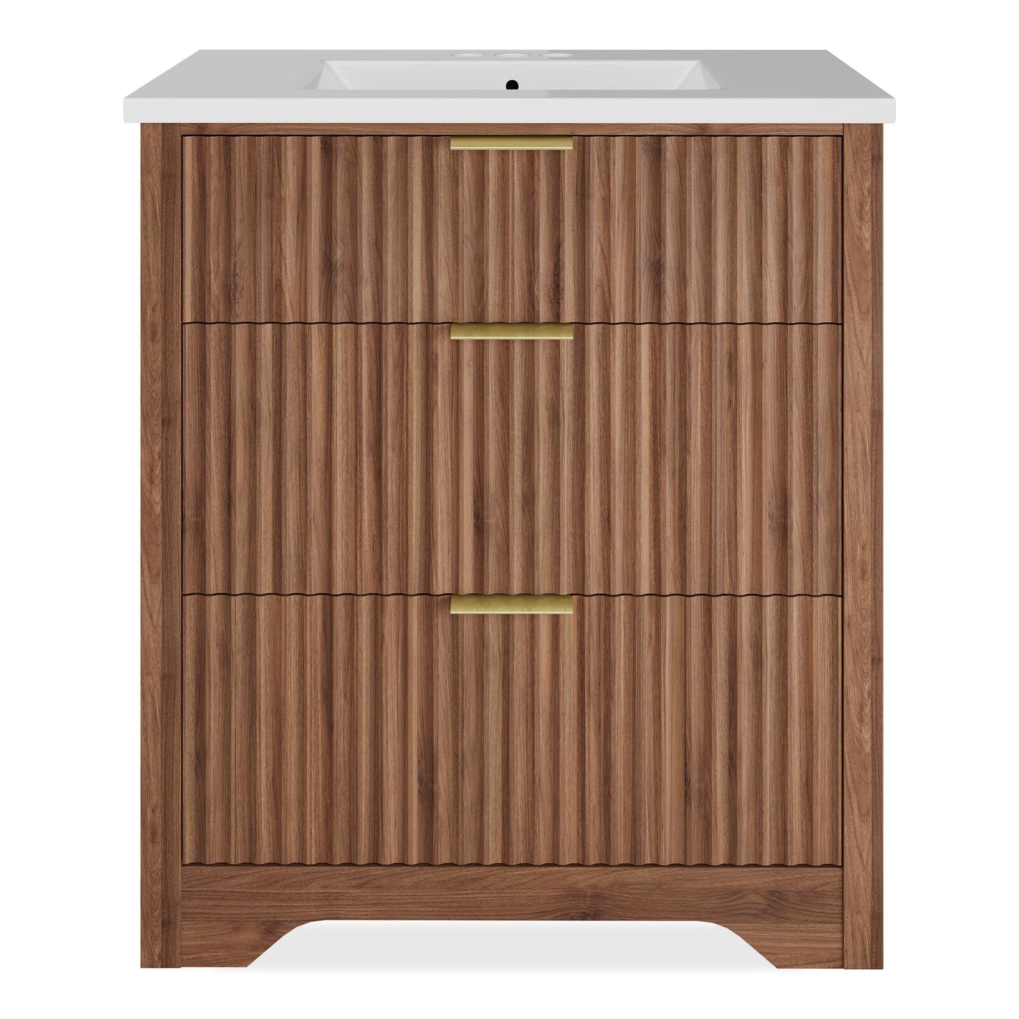 IDEALHOUSE 30" Walnut Fluted Bathroom Vanity with Sink, Farmhouse Freestanding Bathroom Sink Cabinet with 2 Drawers & 1 Flip-Down Drawer, Easy Assembly & Cleaning