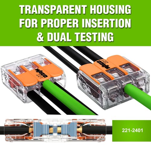 WAGO 221-2401 48pc Inline Compact Splicing Wire Connectors | Includes 48pc 221-2401 (2 Conductor) | WAGO Wire Connectors | 221 Straight Inline Splice | Straight Electrical Lever Nuts | (2-Port)