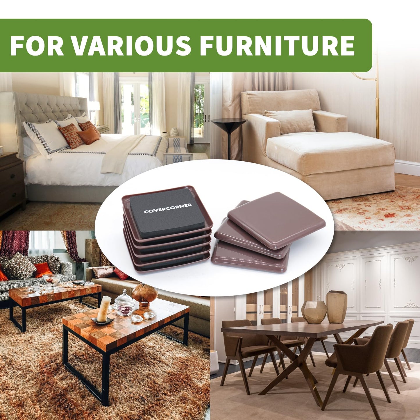 COVERCORNER Furniture Sliders for Carpet 8 PCS - 3 1/2 inch Furniture Moving Slider Chair Legs Floors Protectors Square Furniture Movers Sliders – Move Your Furniture Easy & Safely(for Carpet)-Brown