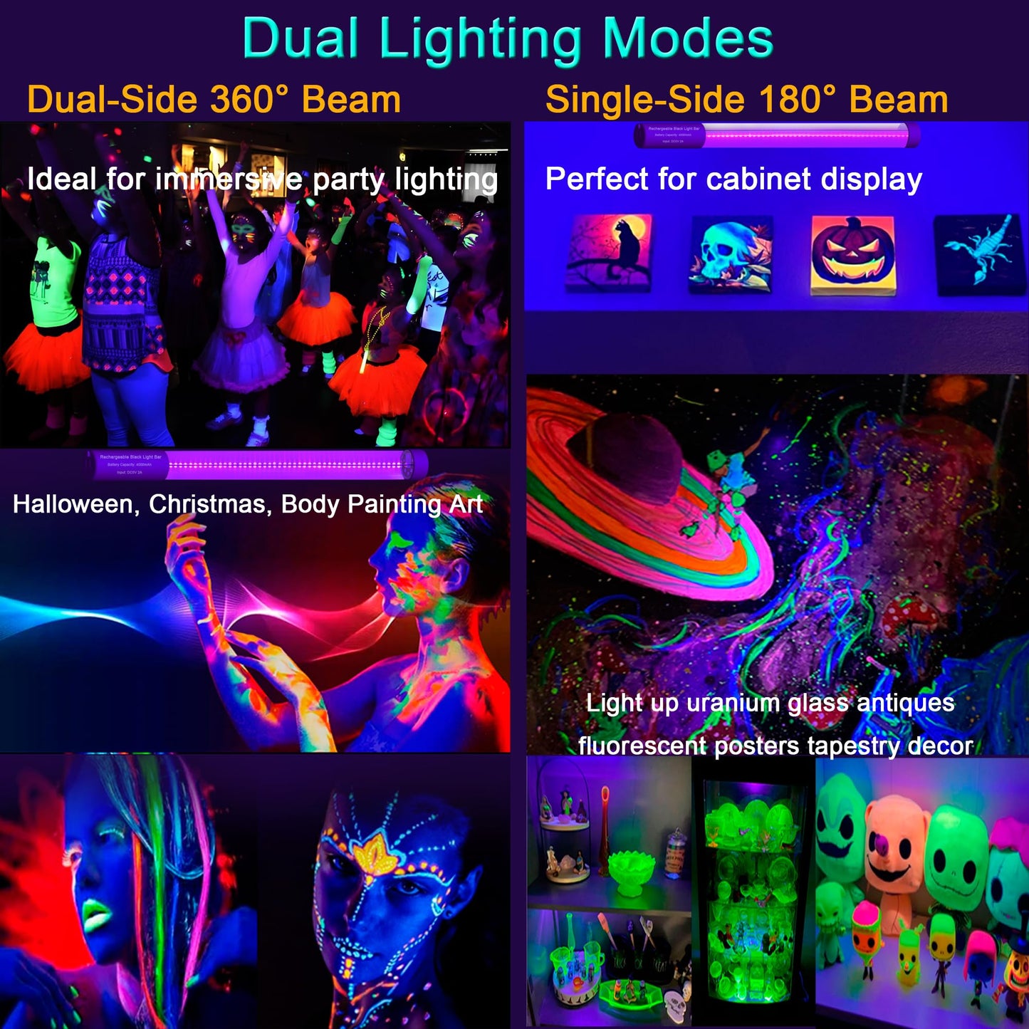 TITO Rechargeable Black Light Bar, UVA 395nm Waterproof Cordless Portable Battery Powered Blacklight Bar, Glow in Dark Halloween Party Fluorescent Posters Decor Display Night Fishing Aquarium, 2 Pack