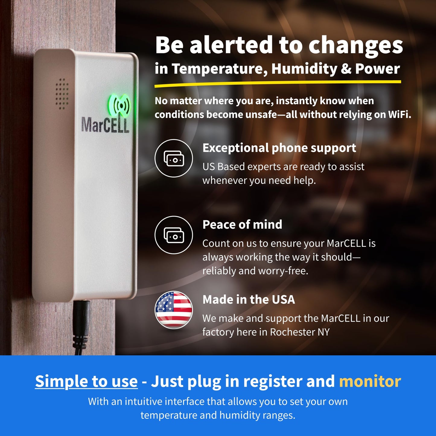 MarCELL Cellular Temperature, Humidity & Power Monitor (Verizon) - Made in The USA - RVs, Pet Safety Monitoring, Second Home Monitoring, Greenhouse Monitoring,- 24/7 Monitoring & Instant Alerts