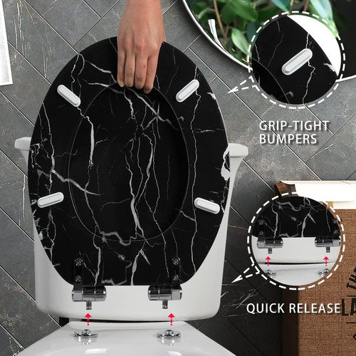 Angel Shield Marble Toilet Seat Durable Molded Wood with Quiet Close,Easy Clean,Quick-Release Hinges (Elongated,Black Marble)