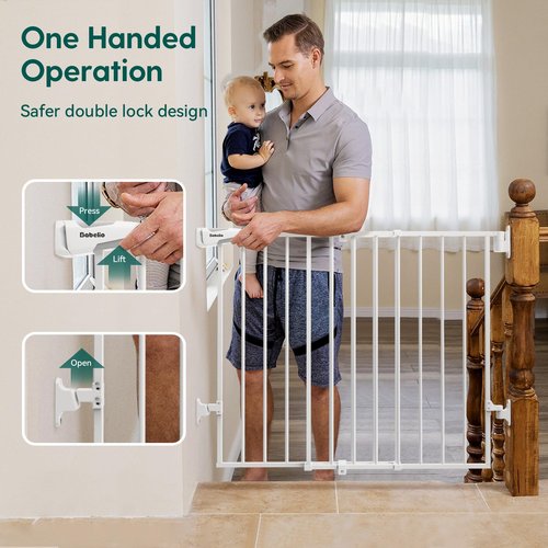 Babelio 26-43" No Bottom Bar Baby Gate for Babies, Elders and Pets, 2-in-1 Hardware Mount Dog Gate for The House, Stairs and Doorways, with Large Walk Thru Door, White