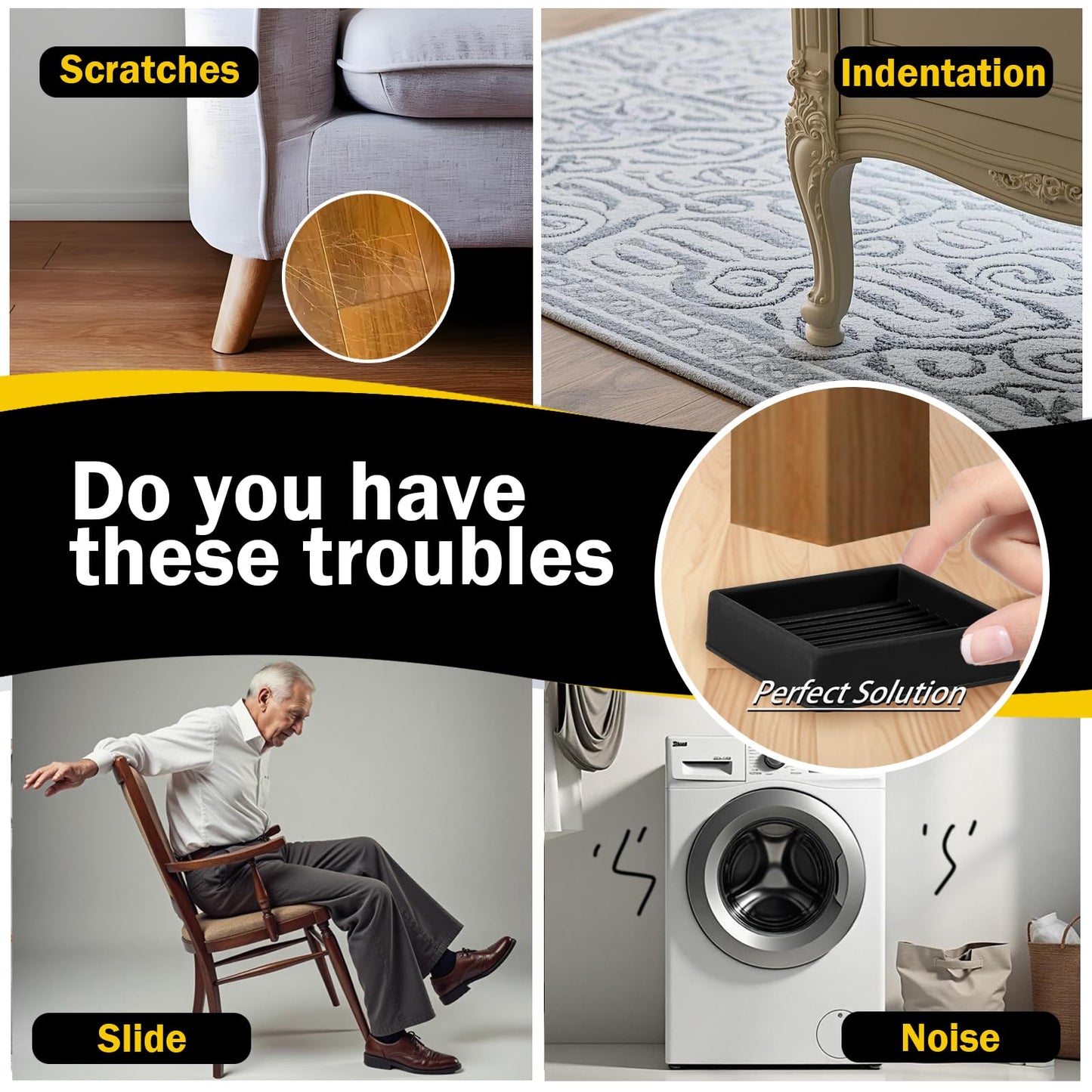 xxxHOLIC Non Slip Furniture Pads for Hardwood Floors, 2 * 2 Inch Black, Set of 4, Rubber Bed Stoppers to Prevent Sliding, Furniture Coasters for Protecting Floors from Scratches and Reduce Noise