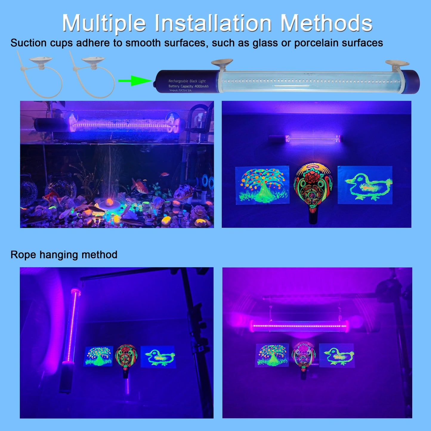 TITO Rechargeable Black Light Bar, UVA 395nm Waterproof Cordless Portable Battery Powered Blacklight Bar, Glow in Dark Halloween Party Fluorescent Posters Decor Display Night Fishing Aquarium, 2 Pack