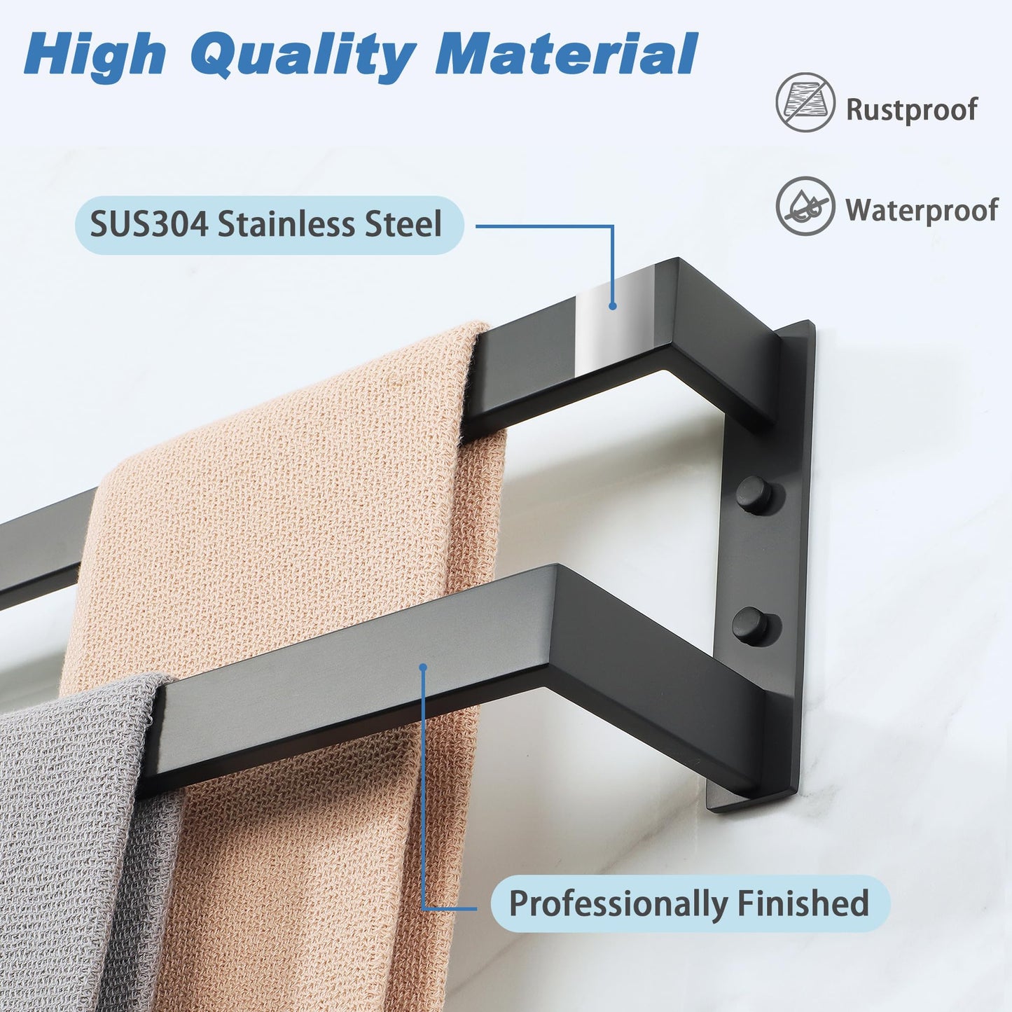 Alise Double Towel Bar 24", SUS304 Stainless Steel Towel Racks for Bathroom Wall Mounted, Heavy Duty Bathroom Towel Holder, Space Saving Towel Hanger, Matte Black