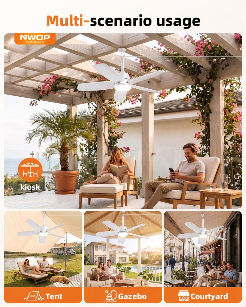 NWOP 28 Inch Plug-In Outdoor Ceiling Fan with Light and Remote, Waterproof Small Ceiling Fan for Patio Porch Balcony, 5 Blades Quiet Compact Ceiling Fan for Small Spaces, White