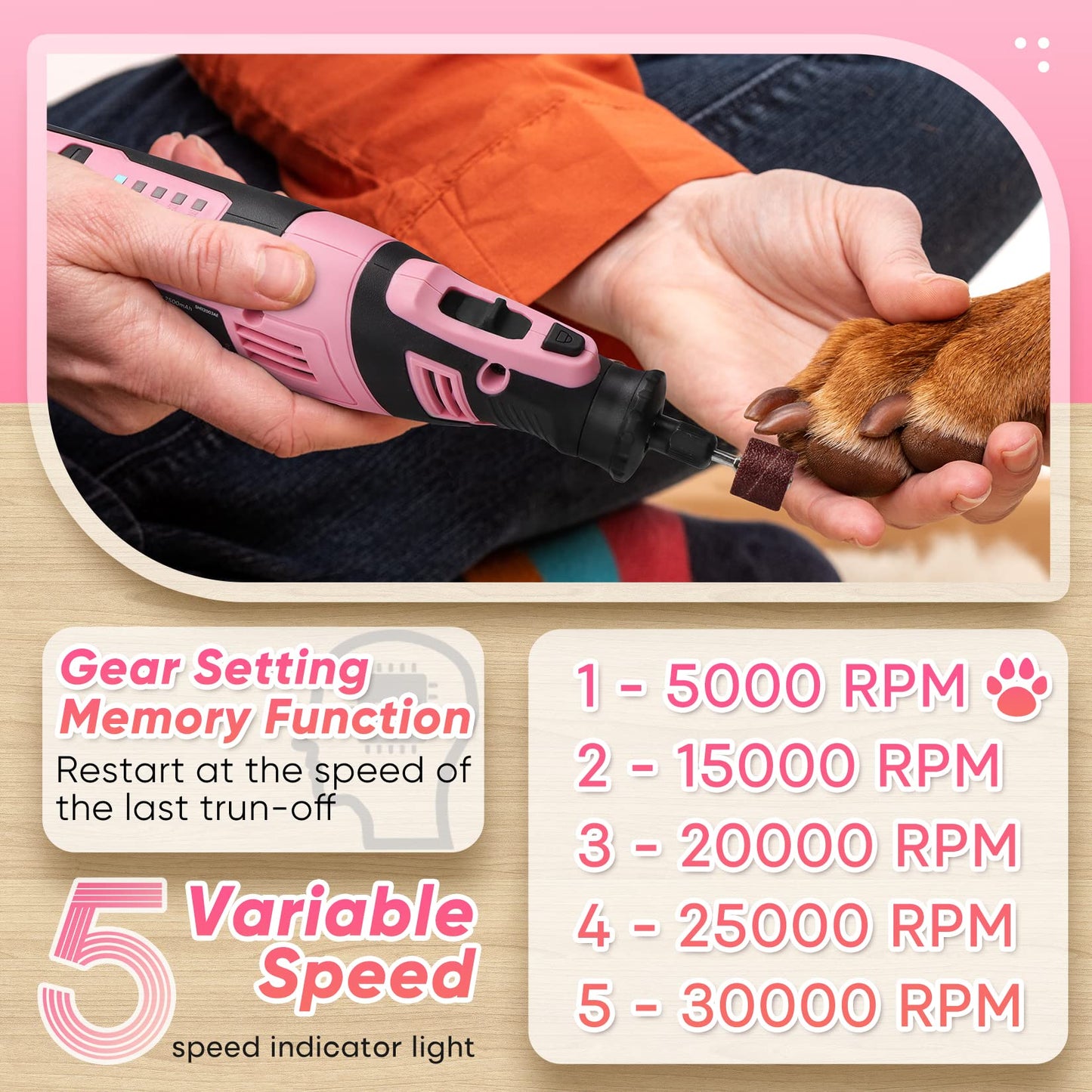 SHALL 8V Cordless Rotary Tool Kit, Pink Lightweight 2.5 Ah Battery Rechargeable Rotary Tool w/ 121 Accessories, 5-Speed Power Rotary Tool for Sanding, Carving, Polishing, Engraving, Pet Grooming