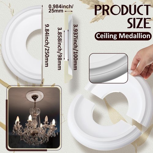 Retisee 4 Pack Split Ceiling Medallion for Light Fixtures Ceiling Light Medallion Round PU Fan Light Cover for Chandelier Pendant, 9.84" OD x 3.8" ID, 0.98'' Thick(White)