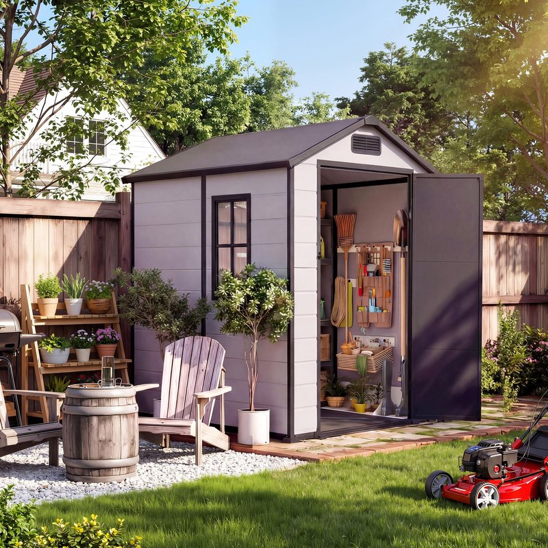 4x6 ft Outdoor Storage Shed with Floor, Plastic Resin Garden Shed with Window & Lockable Door, Tool Shed for Patio, Backyard, Lawn Mower, Bike Storage