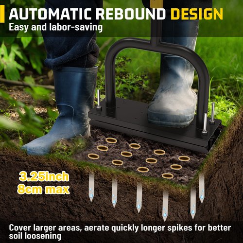 JouZYA Lawn Aerator Tool, Lawn Aerator with 12 Spikes, Automatic Leaf and Dirt Cleaning with Spring-Loaded Design, Metal Manual Aerator for Loosening Soil Aerating Patio, Yard, Garden